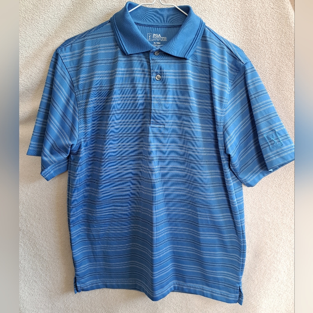 Mens PGA Tour Blue Striped Polo Golf Shirt